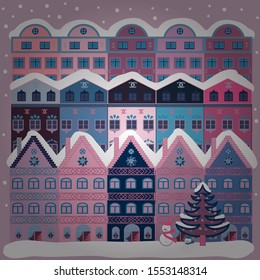Scandinavian style nature illustration. Colorfil landscape for textile, wallpaper, fabric. Cute houses and trees on neutral and blue colors background. Vector.