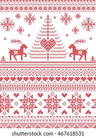 Scandinavian style and Nordic culture inspired Christmas and festive winter seamless pattern in cross stitch style with Xmas trees , snowflakes, starts, reindeer, hearts, decorative ornaments in red