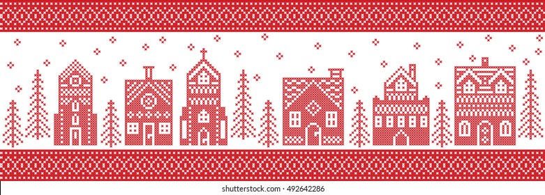 Scandinavian Style And Nordic Culture Inspired Christmas And Festive Winter Wonderland Village Pattern In Cross Stitch Style With Gingerbread House, Church Little Town Buildings, Trees And Snow 
