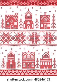 Scandinavian Style And Nordic Culture Inspired Christmas And Festive Winter Village Pattern In Cross Stitch Style With Gingerbread House, Church, Little Town Buildings, Trees And Snow In Red , White