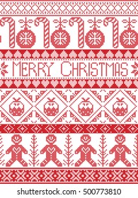 Scandinavian style and Nordic culture inspired Merry Christmas seamless card with  winter pattern including gingerbread man, candy cane, bauble, Christmas Puddings, decorative ornaments,  in stitch 
