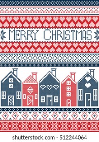 Scandinavian style and Nordic culture inspired Merry Christmas seamless card with  winter pattern including Swedish houses, decorative ornaments, snow, snowflakes  in cross stitch in dark blue, red 