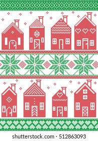 Scandinavian style and Nordic culture inspired Christmas seamless winter pattern including Swedish style houses, decorative ornaments, snow, snowflakes  in cross stitch style in  red , white, green