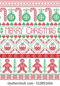 Scandinavian Style And Nordic Culture Inspired Merry Christmas Seamless Card With  Winter Pattern Including Gingerbread Man, Candy Cane, Bauble, Christmas Pudding,  In  Stitch, In Red , Green , White 