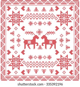 Scandinavian style Nordic winter stich, knitting seamless pattern in the square, tile  shape including snowflakes, trees,xmas snowflakes, hearts, reindeer and  Decorative elements in 
