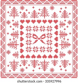 Scandinavian style Nordic winter stitch, knitting  pattern in the square, tile  shape including snowflakes, bow, Christmas tree,Xmas snowflakes, hearts,  Decorative elements in red