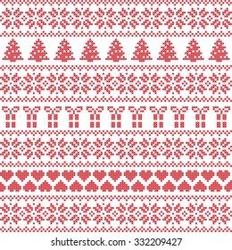 Scandinavian style, Nordic winter sweater stitch, knit pattern including star, Xmas tree, Xmas gift, heart element in red on white background in seamless style 