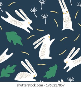 Scandinavian style nursery decor pattern. Seamless vector decoration for kids textile and apparel. Cute childish bunny set jumping in summer forest among leaves and dandelions. Hand drawn illustration