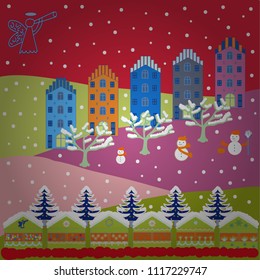 Scandinavian style on red, pink and neutral colors. Nordic nature landscape concept. Perfect for kids fabric, textile, nursery wallpaper. Vector. Childish pattern with house and trees.