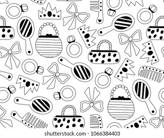 Scandinavian style pattern for a girl's nursery and textile. Vector illustration with a purse, crown, mirror, vomb.