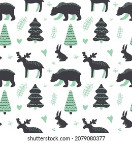 Scandinavian style pattern. Hand drawn winter cute pattern. Forest animals