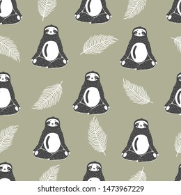 Scandinavian style pattern of sloths in yoga pose and palm leaves on olive background