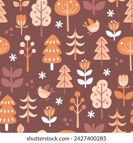 Scandinavian style pattern in warm tones. Flowers, trees and birds isolated on brown background. Seamless Pattern. Vector illustration.