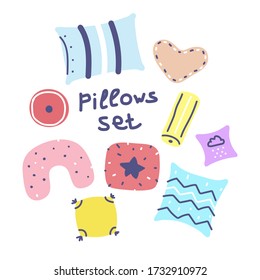 Scandinavian style pillows set. Pillows in different shapes with line ornament. Cute home decoration collection. Vector symbol of a cozy home, overnight parties, pillow fight, warm modern interior