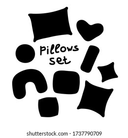 Scandinavian style pillows set. Pillows different silhouettes with lettering image. Cute home decoration collection. Vector symbol of a cozy home, overnight parties, pillow fight, warm modern interior