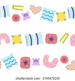 Scandinavian style pillows set seamless pattern. Different Pillows with childish ornament border. Cute home interior decoration collection. Vector symbol of a cozy home overnight parties, pillow fight