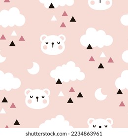 scandinavian style pink sky seamless pattern with kawaii face polar bear and clouds, moon and triangles. Kids fabric and textile vector design.
