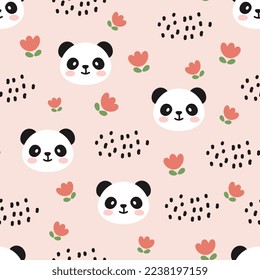 scandinavian style pink sky seamless pattern with kawaii face panda bear and abstract dotted clouds, red tulip flowers. Kids fabric and textile vector design.