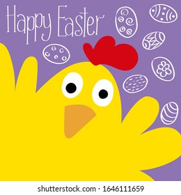 Scandinavian style postcard with chicken, flat illustration. The inscription Happy Easter on a lilac background. Decorated with contour painted eggs. Flyer, invitation, poster, card, web, packaging.