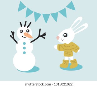 Scandinavian style postcard with a hare and a snowman. Postcard, animal, symbol, New year, congratulations.