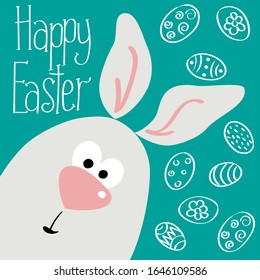 Scandinavian style postcard with a rabbit, flat illustration. Lettering Happy Easter on a turquoise background. Decorated with contour painted eggs. Flyer, invitation, poster, card, web.