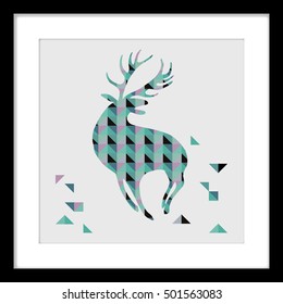 Scandinavian style poster in a black frame. A deer with a geometrical background.