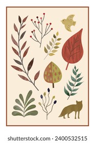 Scandinavian style poster leaf and small bird vector illustration