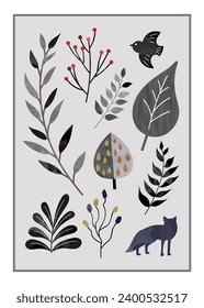 Scandinavian style poster leaf and small bird vector illustration