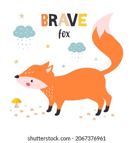 scandinavian style poster for nursery, cute fox illustration, card with brave fox on clouds and mushrooms background