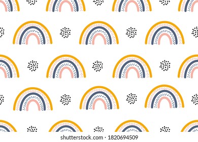 Scandinavian style rainbow seamless pattern with abstract shapes and elements. Cute abstract rainbows in nordic colors on white background.