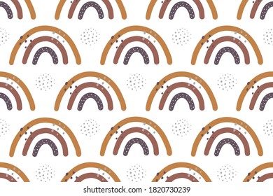 Scandinavian style rainbow seamless pattern with abstract dots around. Cute abstract rainbows in nordic colors on white background.