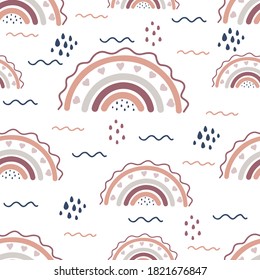 Scandinavian style rainbow seamless pattern with heart shapes and elements. Cute abstract rainbows in nordic colors on white background.