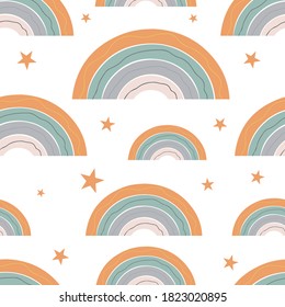 Scandinavian style rainbow seamless pattern with star elements. Cute abstract rainbows in nordic colors on white background.