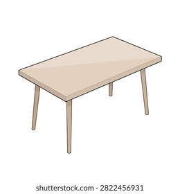Scandinavian style rectangular dining table featuring a minimalist wooden design with clean modern lines, ideal for dining room interiors, residential homes, apartments, and contemporary furnishing projects, isolated colored illustration suitable for furniture catalogs, interior design, and home decor collections