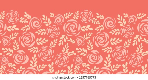 Scandinavian Style Roses And Leaves Red Pink Seamless Vector Border. Floral Silhouettes. Flower Pattern For Valentines, Greeting Card, Poster, Banner, Frame, Border, Stencil For Laser Cutting, Die Cut