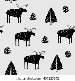 Scandinavian style. Seamless black and white pattern with elk and moss. Textiles background. Wrapping.