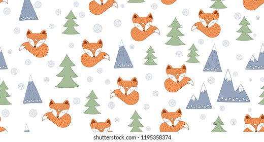 Scandinavian style seamless of cute sleepy foxes and christmas tree and mountains on white background for using in hygge styled interiors.