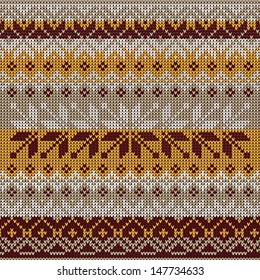 Scandinavian style seamless knitted pattern. Colors: yellow, white, brown, grey