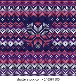 Scandinavian style seamless knitted pattern. Colors: blue, white, pink, violet
