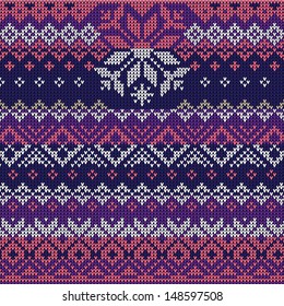 Scandinavian style seamless knitted pattern. Colors: blue, white, pink, violet