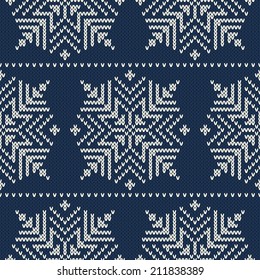 Scandinavian style seamless knitted pattern with snowflakes. Vector illustration
