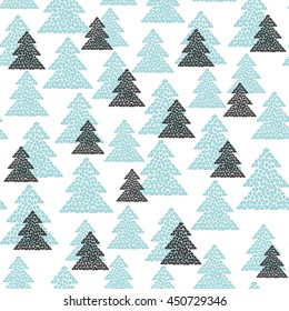 Scandinavian style seamless pattern of black and turquoise fir trees. Simple geometric mosaic Happy New Year background. Vector illustration for winter or Christmas design.