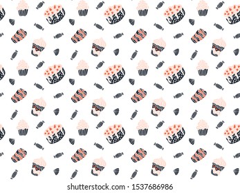 Scandinavian style seamless pattern of black-pink-red cakes, sweets, tiramisu strawberries, meringues, cupcakes and cranachan on a white background. For wrapping paper, wallpaper, fabric, etc. Vector.