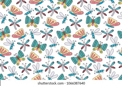 Scandinavian style seamless pattern with cartoon bugs and butterflies. Perfect for bedroom and nursery fabrics. Vector illustration.
