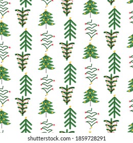 Patrón sin fisuras de estilo escandinavo con árboles de navidad. Ilustración de invierno simple para paquetes, envolturas, tarjetas. Decoración de navidad de estilo plano. Primeros aislados sobre fondo transparente.