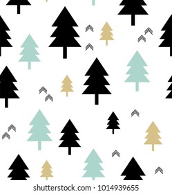 Scandinavian style. Seamless pattern with coniferous trees and arrows on white background