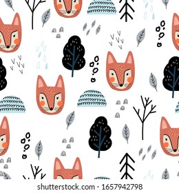 Scandinavian style ,seamless pattern with fox. Cute hand drawn design. Perfect for baby fabric, nursery room and wrapping papers
