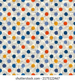 Scandinavian style seamless pattern. Geometric mixed texture surface print. Polka dot, thin stripes motif. Freehand brush design texture. Handdrawn doodle modern vector abstract background