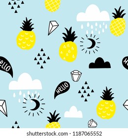 Scandinavian style seamless pattern with hand drawn pineapples and doodle clouds. Vector artistic background for decoration.