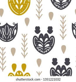 Scandinavian style seamless pattern with hand drawn floral elements on white background. Cute print in modern style. Ornamental, folk, simple.